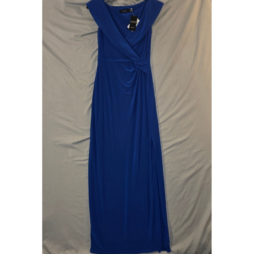 Lauren Ralph Lauren Maxi Dress 4 Women Blue Gown Surplice Ruched Slit Sleeveless